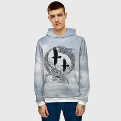 Толстовка-худи мужская Вороны одина в кельтском орнаменте на фоне неба, цвет: 3D-белый — фото 2