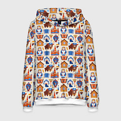 Толстовка-худи мужская Славянский узор с матрёшкой - русская душа паттерн, цвет: 3D-белый