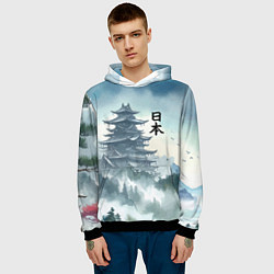 Толстовка-худи мужская Японская пагода в тумане - нейросеть, цвет: 3D-черный — фото 2