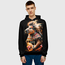 Толстовка-худи мужская Капибара этнический индеец, цвет: 3D-черный — фото 2
