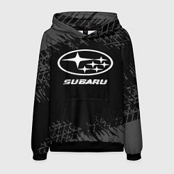 Толстовка-худи мужская Subaru speed на темном фоне со следами шин, цвет: 3D-черный