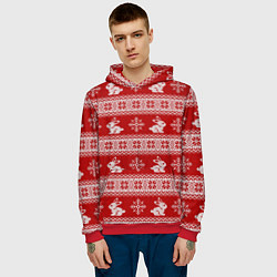 Толстовка-худи мужская Вязаный зимний узор с зайчатами, цвет: 3D-красный — фото 2