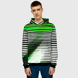 Толстовка-худи мужская Зелёно-чёрные полосы на белом фоне, цвет: 3D-черный — фото 2