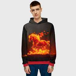Толстовка-худи мужская Огненная лошадь на темном фоне, цвет: 3D-красный — фото 2