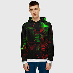 Толстовка-худи мужская Красно-зелёные точки и линии на чёрном фоне, цвет: 3D-белый — фото 2