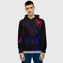 Толстовка-худи мужская Красно-синие точки и линии на чёрном фоне, цвет: 3D-меланж — фото 2