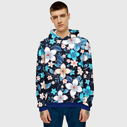 Толстовка-худи мужская Сине-белые цветы на чёрном фоне, цвет: 3D-синий — фото 2