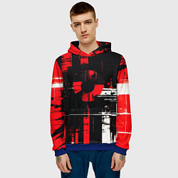 Толстовка-худи мужская Красно-белый гранж на чёрном фоне, цвет: 3D-синий — фото 2