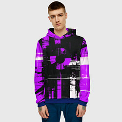 Толстовка-худи мужская Фиолетово-белый гранж на чёрном фоне, цвет: 3D-синий — фото 2