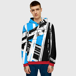Толстовка-худи мужская Чёрно-белые абстрактные линии на синем фоне, цвет: 3D-красный — фото 2