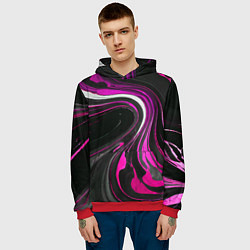 Толстовка-худи мужская Волнистые бело-розовые линии на чёрном фоне, цвет: 3D-красный — фото 2