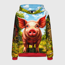 Толстовка-худи мужская Свинка в деревне, цвет: 3D-красный