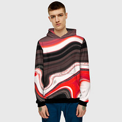 Толстовка-худи мужская Волнистые горизонтальные чёрно-красные полосы на б, цвет: 3D-черный — фото 2