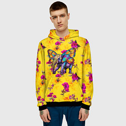 Толстовка-худи мужская Слон с крыльями бабочки на цветочном фоне, цвет: 3D-черный — фото 2