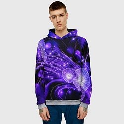 Толстовка-худи мужская Силуэты цветов на темном фоне - фиолетовое свечени, цвет: 3D-меланж — фото 2