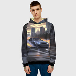 Толстовка-худи мужская БМВ в вечернем городе, цвет: 3D-черный — фото 2