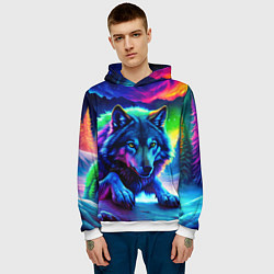 Толстовка-худи мужская Большой волк одинокий охотник - неоновые цвета, цвет: 3D-белый — фото 2