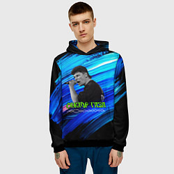 Толстовка-худи мужская Юрий Хой синий фон красками, цвет: 3D-черный — фото 2