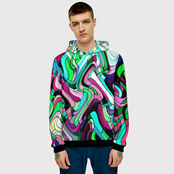 Толстовка-худи мужская Зелёно-розовый искажённая абстракция, цвет: 3D-черный — фото 2