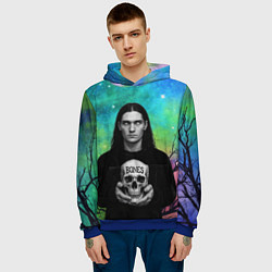 Толстовка-худи мужская Bones без зрачков держит череп в руках, цвет: 3D-синий — фото 2