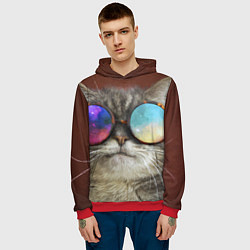 Толстовка-худи мужская A Cat with multicolored glasses, цвет: 3D-красный — фото 2