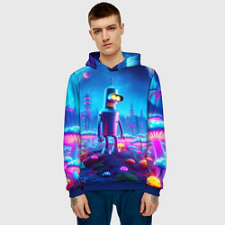 Толстовка-худи мужская Бендер на сказочной неоновой грибной планете - ней, цвет: 3D-синий — фото 2