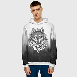 Толстовка-худи мужская Волк в кельтском стиле и лес, цвет: 3D-белый — фото 2