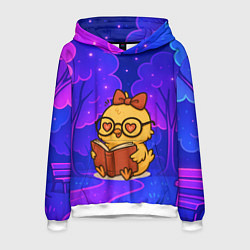 Толстовка-худи мужская Цыпленок в очках читает книжку, цвет: 3D-белый