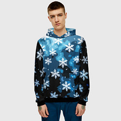 Толстовка-худи мужская Стилизованный паттерн со снежинками тёмно-синий, цвет: 3D-черный — фото 2