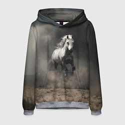 Толстовка-худи мужская Белая лошадь скачет по полю, цвет: 3D-меланж