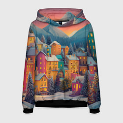 Толстовка-худи мужская Новогодний город в горах, цвет: 3D-черный