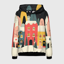 Толстовка-худи мужская Разноцветные новогодние дома, цвет: 3D-черный