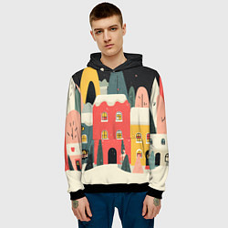 Толстовка-худи мужская Разноцветные новогодние дома, цвет: 3D-черный — фото 2