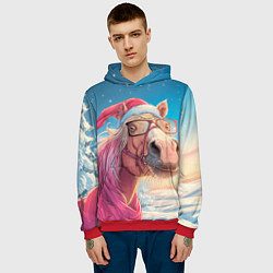 Толстовка-худи мужская Новогодняя лошадь в очках, цвет: 3D-красный — фото 2