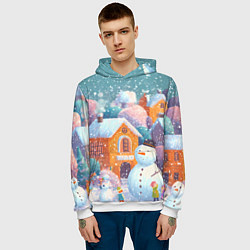 Толстовка-худи мужская Дети во дворе лепят снеговика, цвет: 3D-белый — фото 2