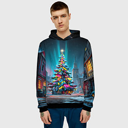 Толстовка-худи мужская Новогодняя елка в гирляндах, цвет: 3D-черный — фото 2