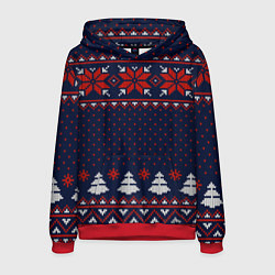 Толстовка-худи мужская Новогодний вязаный узор, цвет: 3D-красный