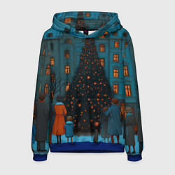 Толстовка-худи мужская Люди встречают новый год во дворе, цвет: 3D-синий