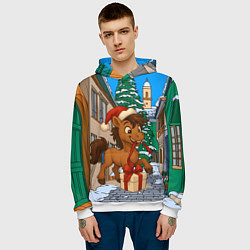 Толстовка-худи мужская Лошадка распаковывает новогодний подарок, цвет: 3D-белый — фото 2