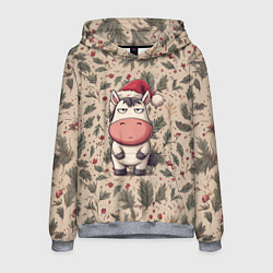 Толстовка-худи мужская Новогодняя лошадка на фоне елочных веток, цвет: 3D-меланж