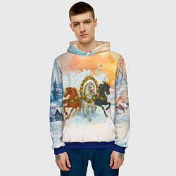 Толстовка-худи мужская Новогодняя тройка лошадей с мандаринами, цвет: 3D-синий — фото 2