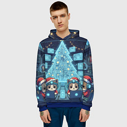 Толстовка-худи мужская Новогодние котики айтишники, цвет: 3D-синий — фото 2