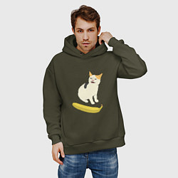 Толстовка оверсайз мужская Cat no banana meme, цвет: хаки — фото 2