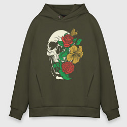 Толстовка оверсайз мужская Floral Roses Skull, цвет: хаки