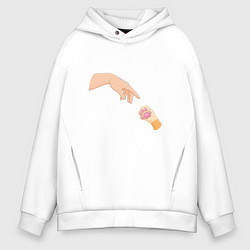 Толстовка оверсайз мужская Сотворение Адама и рыжая лапка котика, цвет: белый