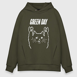 Толстовка оверсайз мужская Green Day Рок кот, цвет: хаки