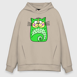 Толстовка оверсайз мужская Прикольный зеленый кот, цвет: миндальный