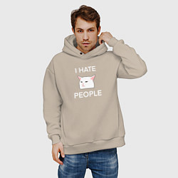 Толстовка оверсайз мужская I hate people, текст с белым мемным котом, цвет: миндальный — фото 2