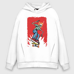 Мужское худи оверсайз Fire skull Skateboarding man on a red background E