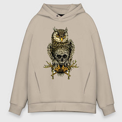 Толстовка оверсайз мужская Сова с черепом на животе, цвет: миндальный